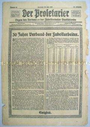 Gewerkschafts-Zeitung "Der Proletarier", u.a. zum 30. Jahrestag des Verbandes der Fabrikarbeiter