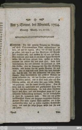 Am 3. Sonnt. des Advents, 1784. Evang. Matth. 11, 2 - 10.