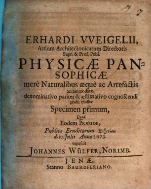 Physicae Pansophicae ... Specimen primum