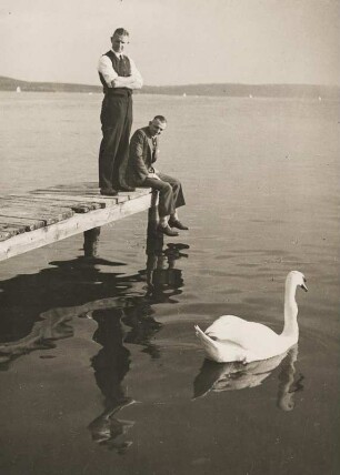 An einem See. Von einem Steg aus beobachten zwei Männer einen Schwan