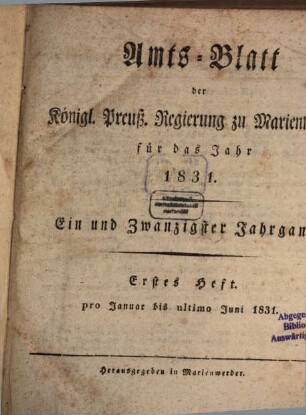 Amtsblatt für den Regierungsbezirk Marienwerder. 21. 1831