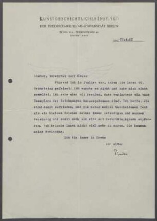 Brief von Wilhelm Pinder [Kunstgeschichtliches Institut, Berlin] an Georg Kolbe