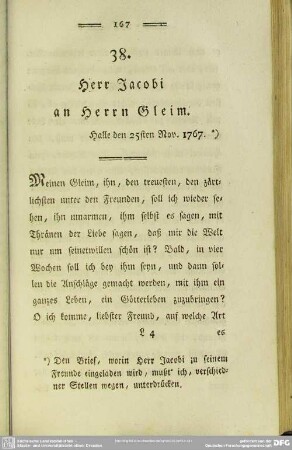 38. Herr Jacobi an Herrn Gleim. Halle den 25sten Nov. 1767