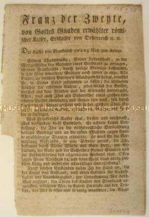 Der Landesfürstliche Hofkommissar, Graf von Saurau, gibt den Aufruf von Kaiser Franz II. zur Allianz gegen Napoleon bekannt; Wien, 28. Okt. 1805