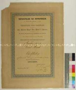 Urkunde zur Auszeichnung von Ernst March aus Charlottenburg mit einer Goldmedaille durch die Vereeniging voor Volksvlijt ("Vereinigung für Volksfleiß") anlässlich der Baumaterialienausstellung in Amsterdam (in niederländischer Sprache)