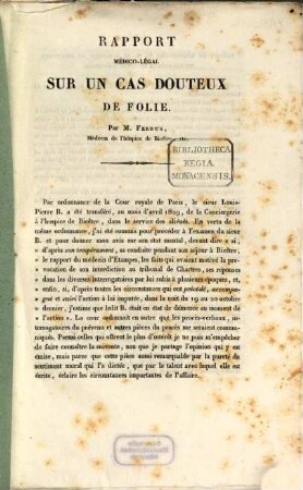Rapport médico-légal sur un cas douteux de fobie