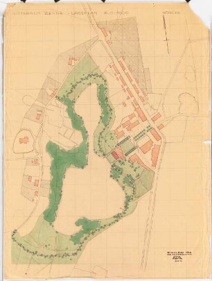 Rittergut Zehna bei Güstrow: (auf Lichtpause von Inv.-Nr. 41200): gesamter Bereich um den Zehnaer See im Grundriss (Lageplan) auf gerasterter Plangrundlage 1:1000