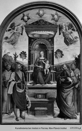 Madonna und Kind und den Heiligen Franziskus, Johannes der Täufer, Hieronymus und Antonius von Padua - Pala di San Girolamo da Perugia