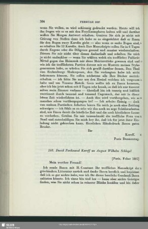 David Ferdinand Koreff an August Wilhelm von Schlegel, Paris, Februar 1807