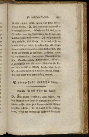 Siebenzehnte Unterhaltung. Gründe für und wider den Luxus.