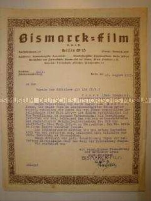 Schreiben der Bismarck-Film GmbH an den Verein der Offiziere betreffend den Erwerb eines Anteilsscheins