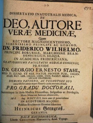 Dissertatio Inauguralis Medica, De Deo, Autore Veræ Medicinæ