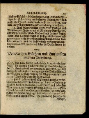 XXII. Von Kirchen-Güthern und Einkunfften auch derer Verwaltung.