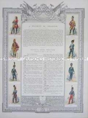 Uniformdarstellung, Rüstungen und Uniformen von Soldaten des 4. Jäger-Regiments zu Pferde und Zeittafel von Schlachten und Belagerungen mit Beteiligung dieses Regiments bzw. seiner Vorläufer, Frankreich, 1698-1870.