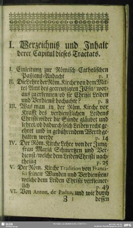 I. Verzeichniß und Inhalt derer Capitul dieses Tractats