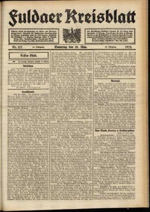 Erste Ausgabe vom Samstag, den 18. Mai 1912.