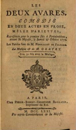 Les Deux Avares : Comédie En Deux Actes En Prose, Mêlée D'Ariettes