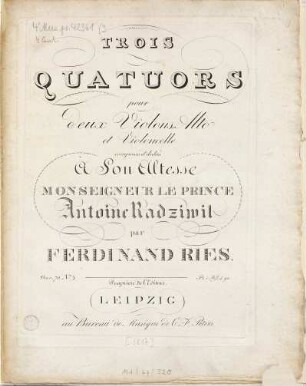 Trois quatuors : pour 2 violons, alto et violoncelle ; oeuv. 70, 3. Pl.Nr. 1259. - Vl 1 (8 S.), Vl 2, Va Vc (je 5 S.)