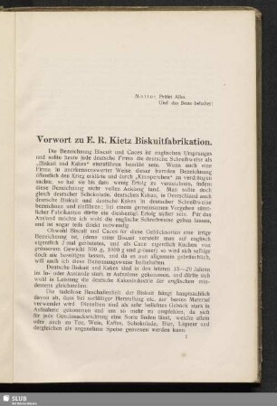 Vorwort zu E. R. Kietz Biskuitfabrikation