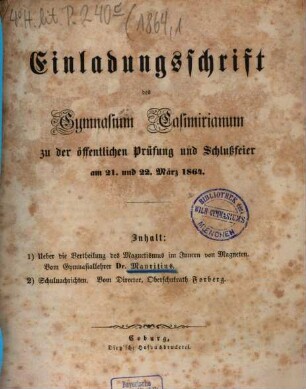 Einladungsschrift des Gymnasium Casimirianum zu Coburg zur Schlußfeier. 1864