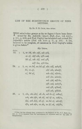 List of the substitution groups of nine letters.
