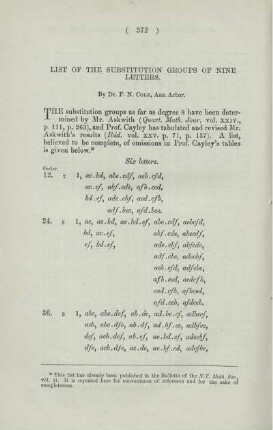 List of the substitution groups of nine letters.