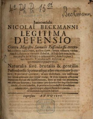 Legitima defensio contra Samuelis Puffendorffii execrabiles fictitias calumnias