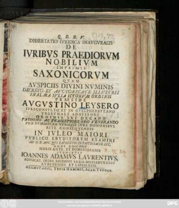 Dissertatio Ivridica Inavgvralis De Ivribvs Praediorvm Nobilivm Imprimis Saxonicorvm