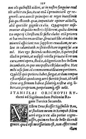 Stanislai Orichovii Rvtheni ad Sigismundum Poloniæ Regem Turcica Secunda.