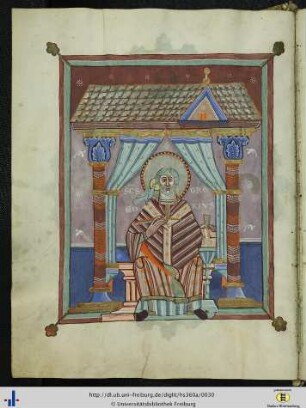 [13v] Ganzseitige Miniatur: Papst Gregor I mit Geisttaube.
