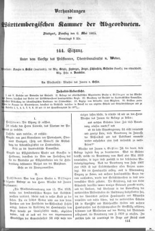 144. Sitzung, Stuttgart, 6.5.1865