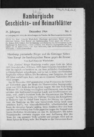 Hamburgs patriotische Bürger und die Göttinger Sieben. Vom Kampf der hamburgischen Presse gegen die Zensur