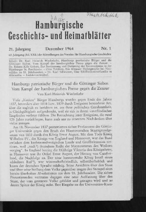 Hamburgs patriotische Bürger und die Göttinger Sieben. Vom Kampf der hamburgischen Presse gegen die Zensur
