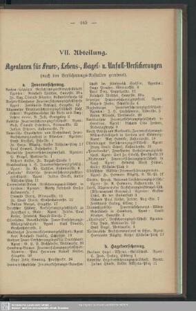 VII. Abteilung. Agenturen für Feuer-, Lebens-, Hagel- u. Unfall-Versicherungen