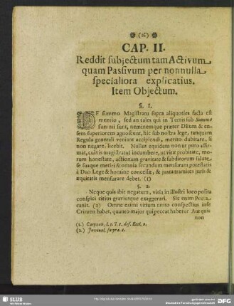 Cap. II. Reddit subiectum tam Activum quam Passivum per nonnulla specialiora explicatius. Item Obiectum
