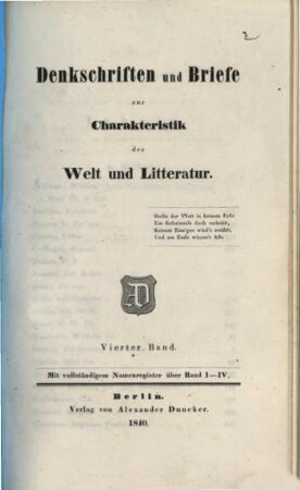 Denkschriften und Briefe zur Charakteristik der Welt und Litteratur. 4