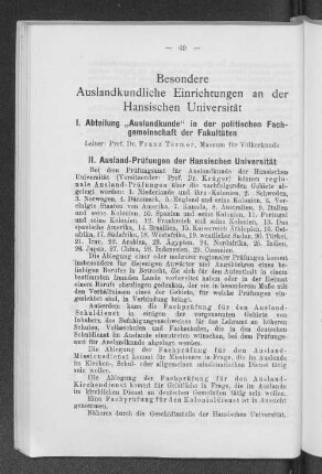 I. Abteilung "Auslandkunde" in der politischen Fachgemeinschaft der Fakultäten