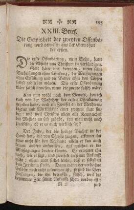 XXIII. Brief. Die Gewisheit der zweyten Offenbarung wird bewiesen aus der Gewisheit der ersten.