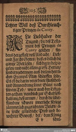 Letzter Will deß Durchleuchtigen Printzen de Conty