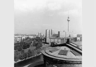 Blick vom Dach des Pergamonmuseums auf das Dach und die Apsis der Nationalgalerie