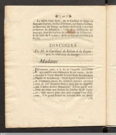 Discours De M. le Cardinal de Rohan à la Reyne aprés la célébration du Mariage.