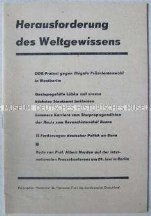 Sonderdruck mit dem Wortlaut einer Rede von Albert Norden auf einer internationalen Pressekonferenz der DDR- Regierung zur Wahl des Bundespräsidenten in Westberlin