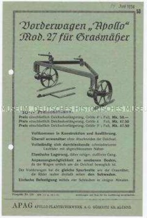 Vorderwagen Apollo Mod. 27 für Grasmäher / Prospekt Nr. 236