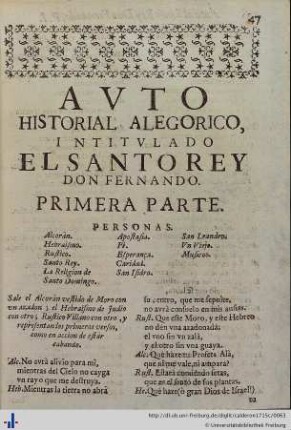 Auto Historial Alegorico de el Santo Rey Don Fernando, primera parte.