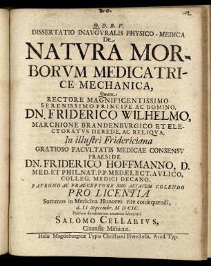 Dissertatio Inauguralis Physico-Medica De Natura Morborum Medica Trice Mechanica