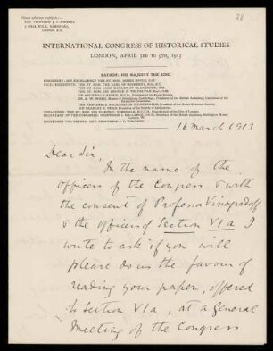 28: Brief von James Pounder Whitney an Otto von Gierke, London, 16.3.1913