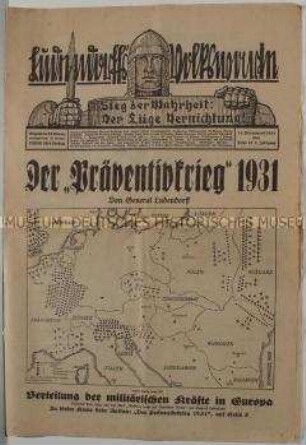 Völkische Wochenzeitung "Ludendorff's Volkswarte" zur Frage eines "Präventivkrieges"