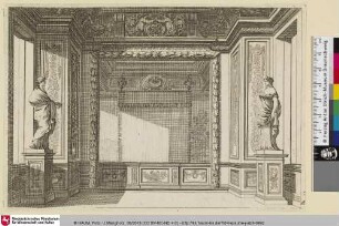 [Alkoven flankiert von zwei Skulpturen; Alcôve au fond d'une salle ornée de statues]