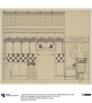 Darmstadt, Wiener Zimmer für die Weltausstellung Paris 1900, Aufriss der Längswand mit der Ofenecke
