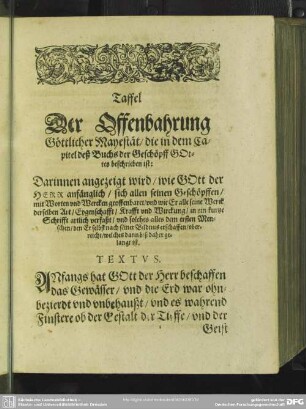 Taffel Der Offenbarung Göttlicher Mayestät, die in dem Capitel deß Buchs der Geschöpff GOttes beschrieben ist